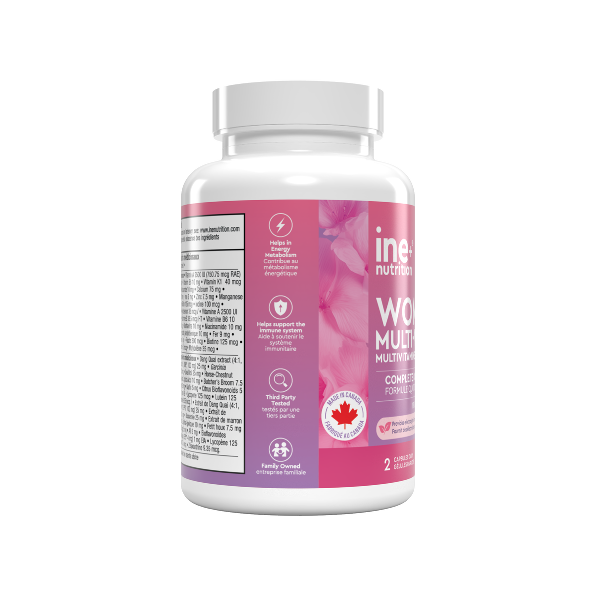 A white plastic bottle of ine+ nutrition Women&