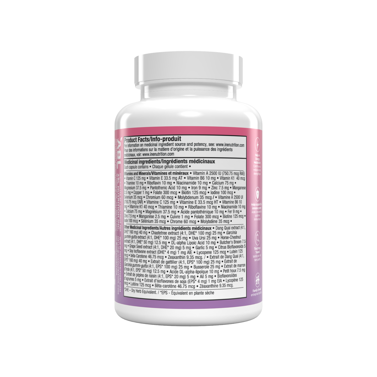 A white plastic bottle of ine+ nutrition Women&