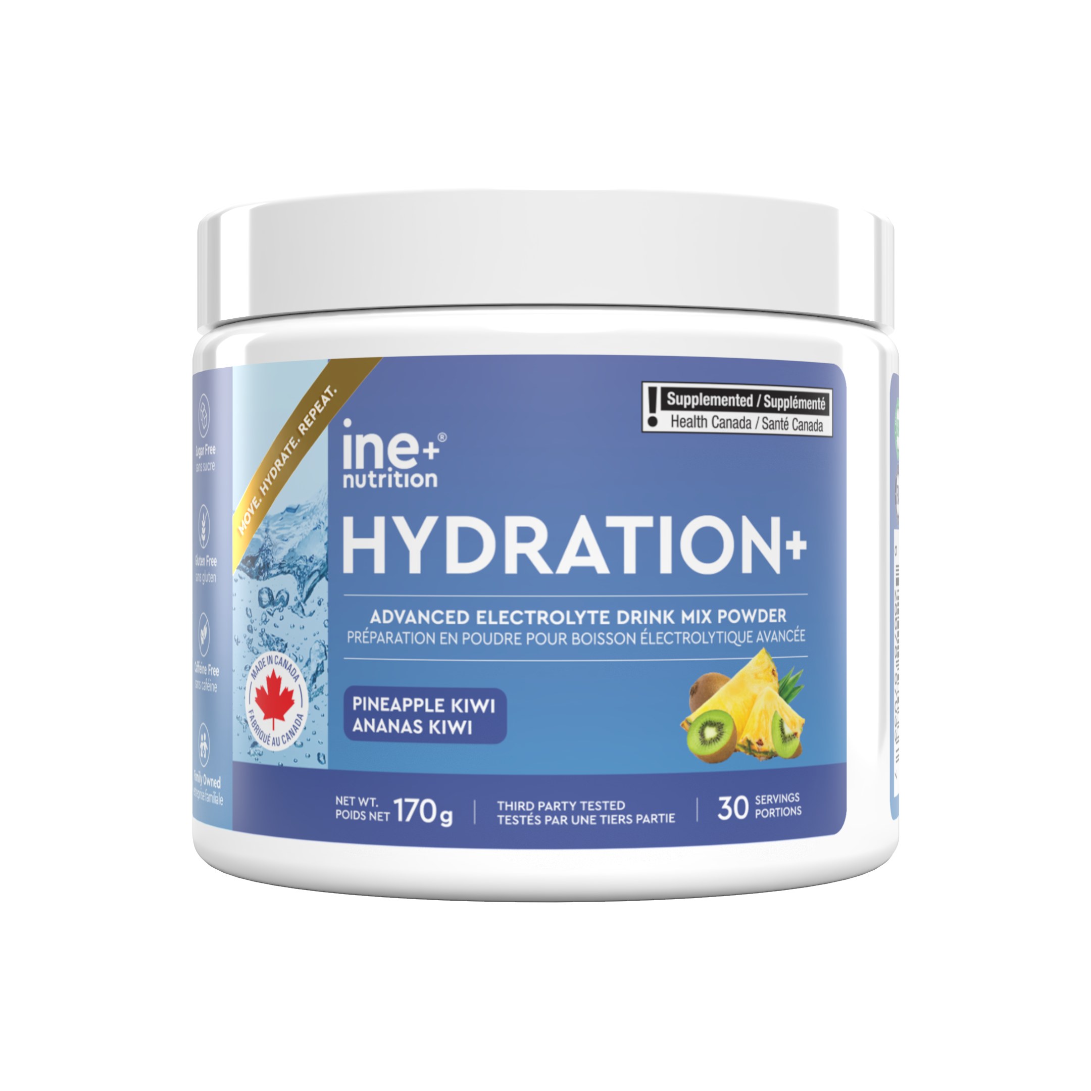 A white tub of in+ nutrition Hydration+ drink mix powder, Pineapple Kiwi flavor, on a solid white background.