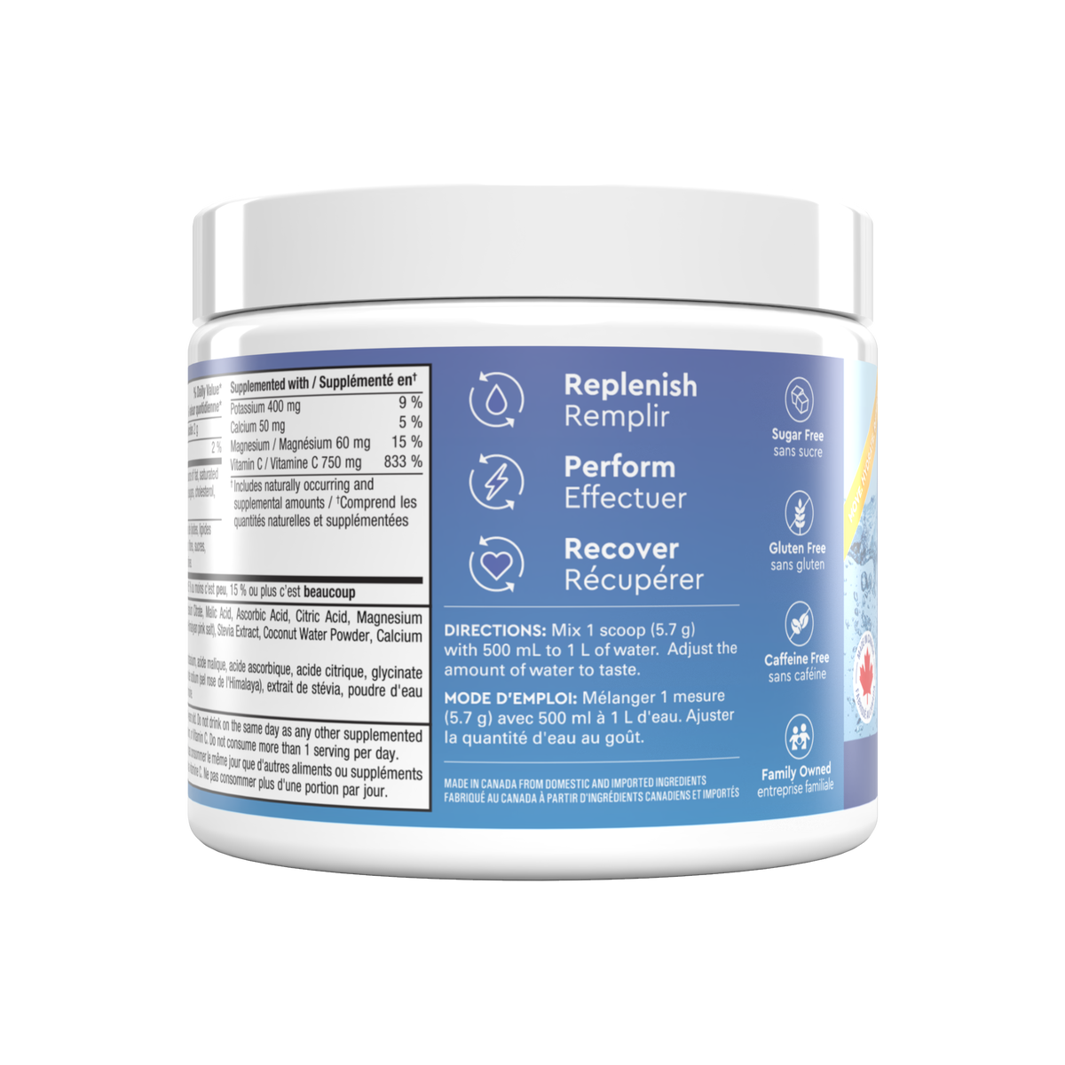 A white tub of ine+ hydration supplement with a white cap, featuring a detailed blue and white label with French text and icons for &