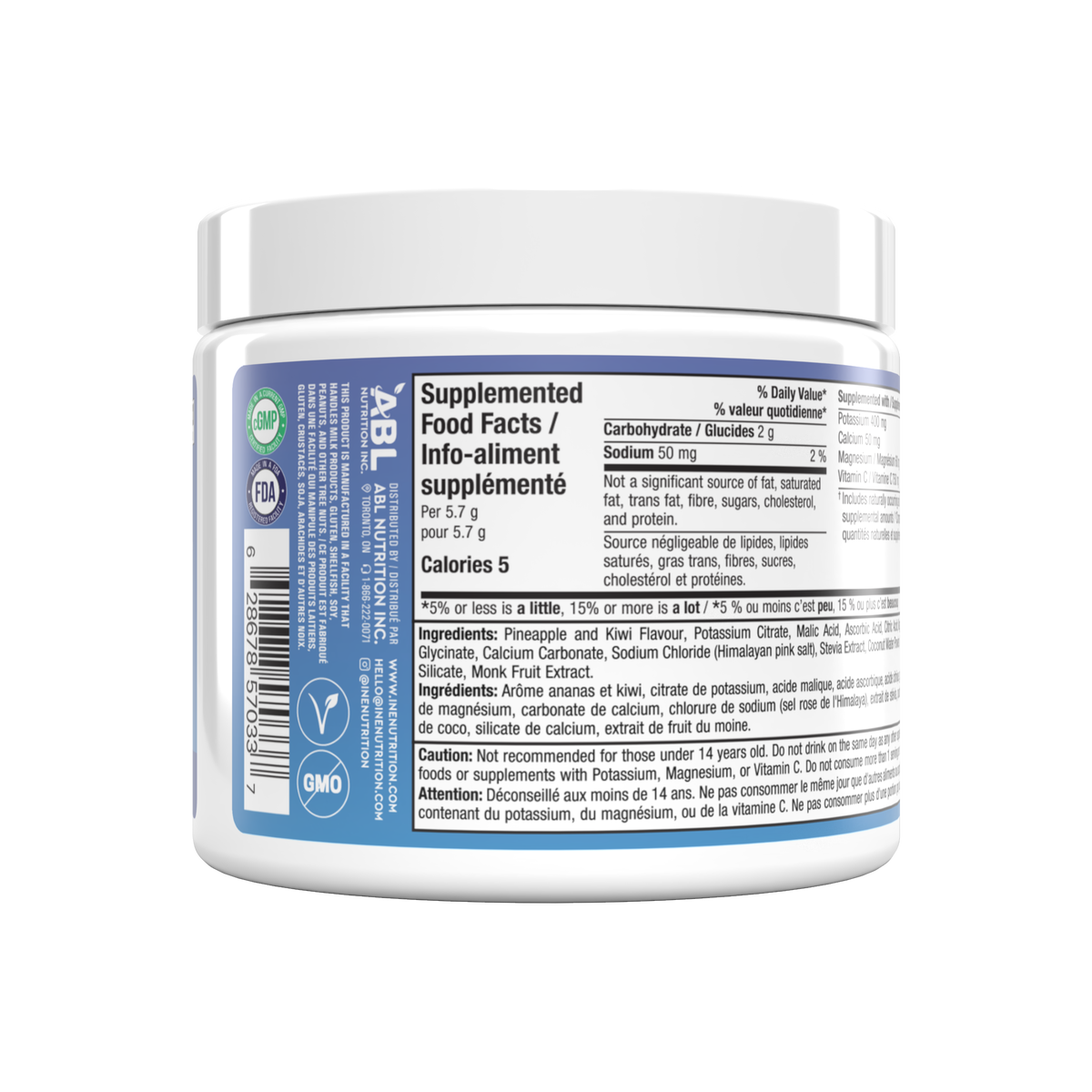 A white supplement tub shown from the back, displaying the detailed supplement facts label with blue, white, and black text on a clean white background.