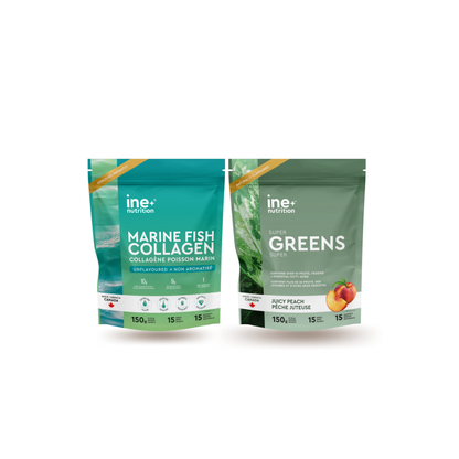 Two travel packages collagen and super greens of ine nutrition products on a white background