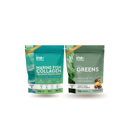 Two travel packages collagen and super greens of ine nutrition products on a white background