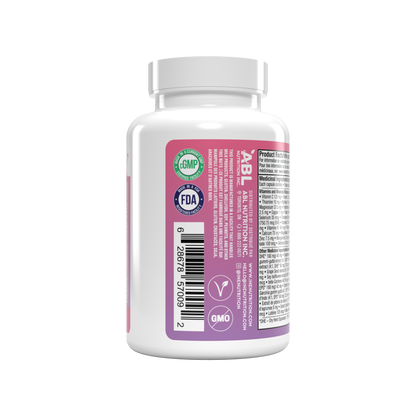 A white plastic bottle of ABL All Nutrition Inc. dietary supplement, showing the back label with pink, green, and blue certification logos, a barcode, and product text on a white background.