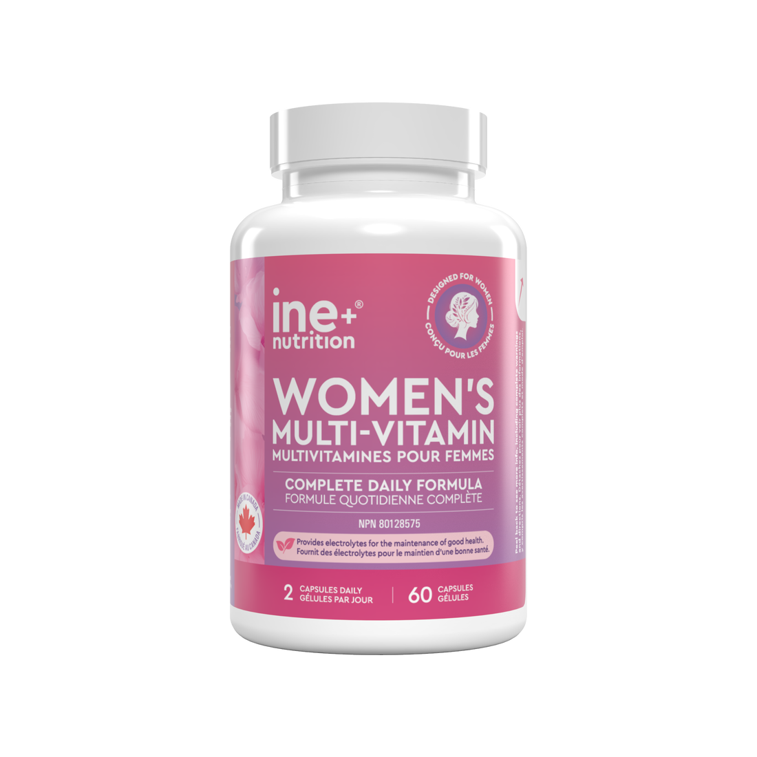 A white plastic bottle of ine+ nutrition Women&