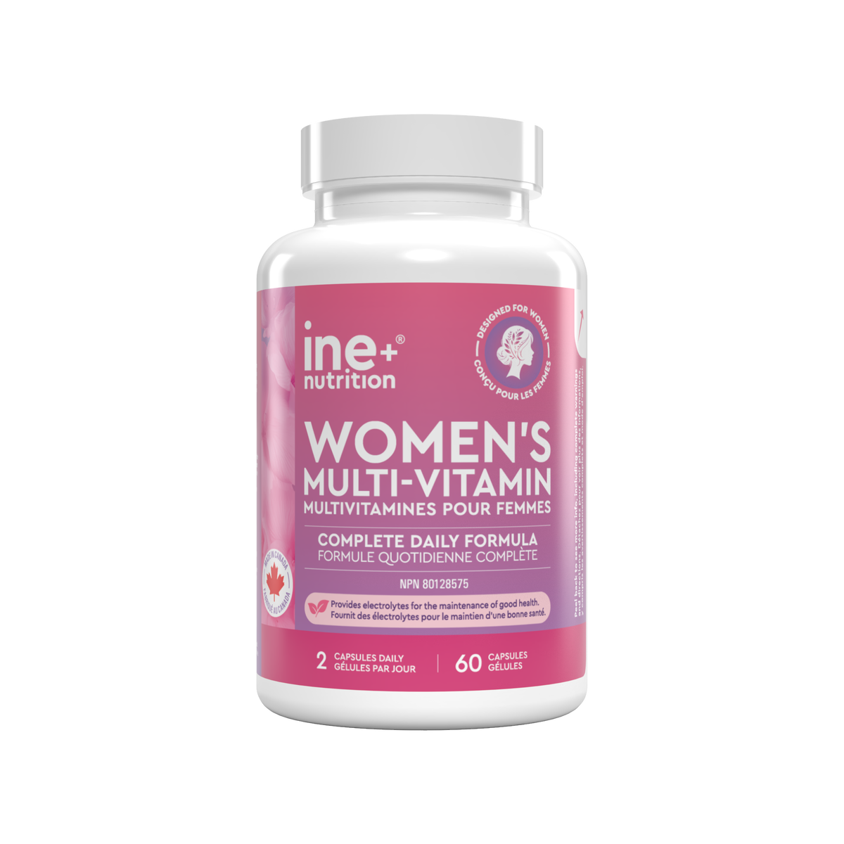 A white plastic bottle of ine+ nutrition Women&