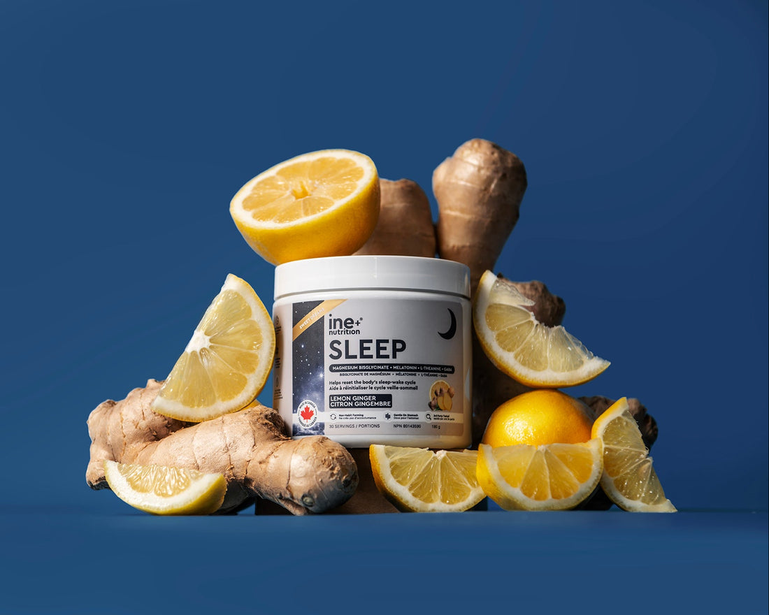 Sleep supplement container with lemons and ginger on a blue background
