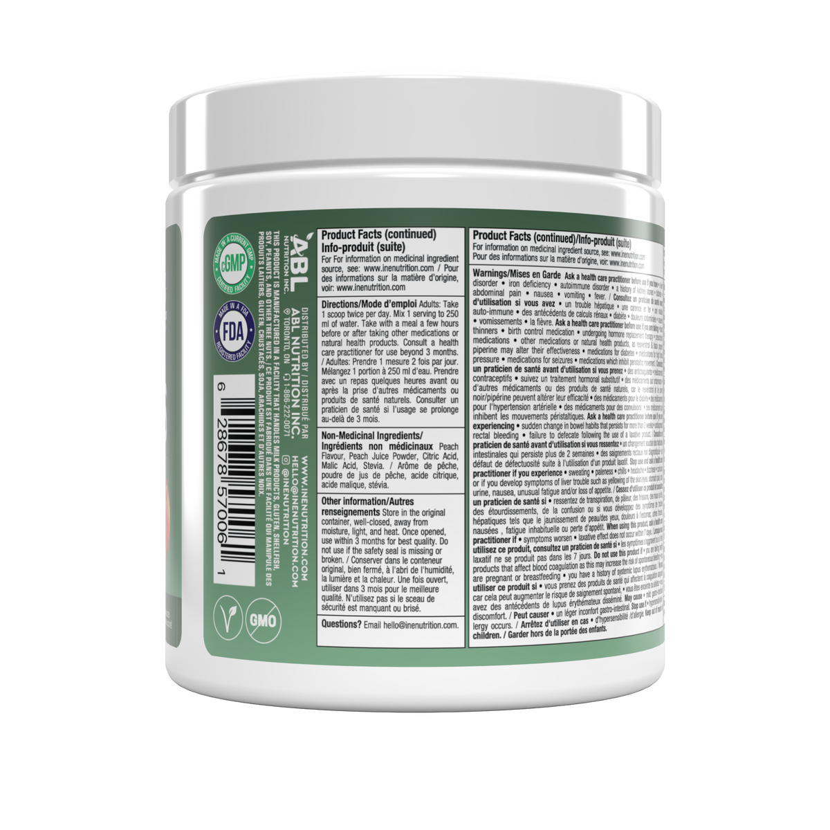 A white plastic supplement jar shown from the back, featuring a green and white product facts label with text, a barcode, and certification logos including ABL, NSF, and GMP.