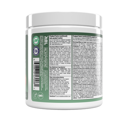 A white plastic supplement jar shown from the back, featuring a green and white product facts label with text, a barcode, and certification logos including ABL, NSF, and GMP.