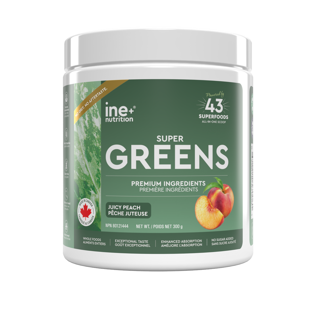 A white plastic tub of ine nutrition Super Greens powder, featuring a dark green label with white text, a peach graphic, and a Canadian maple leaf logo on a clean white background.