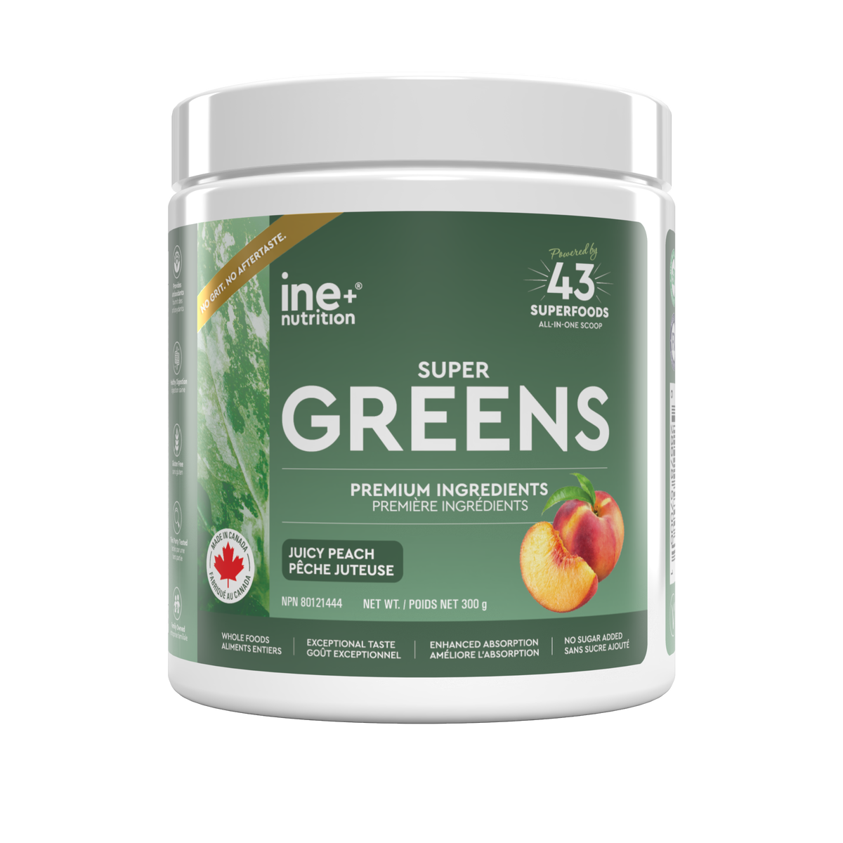 A white plastic tub of ine nutrition Super Greens powder, featuring a dark green label with white text, a peach graphic, and a Canadian maple leaf logo on a clean white background.