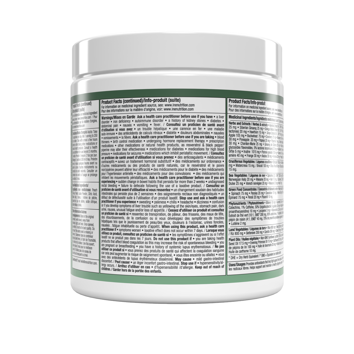 A white plastic supplement jar shown from the back, featuring a detailed green and black Product Facts label with dense text.