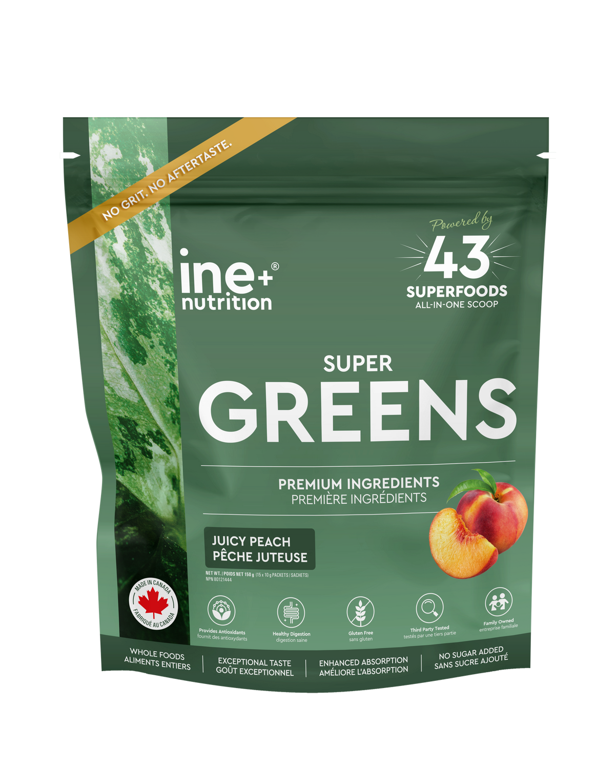 ine+ nutrition Super Greens travel packages with peach assortment.