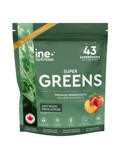 ine+ nutrition Super Greens travel packages with peach assortment.