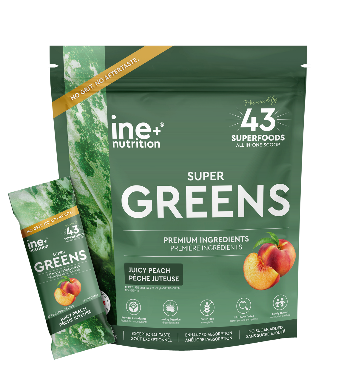 ine+ nutrition Super Greens travel packages with peach assortment.