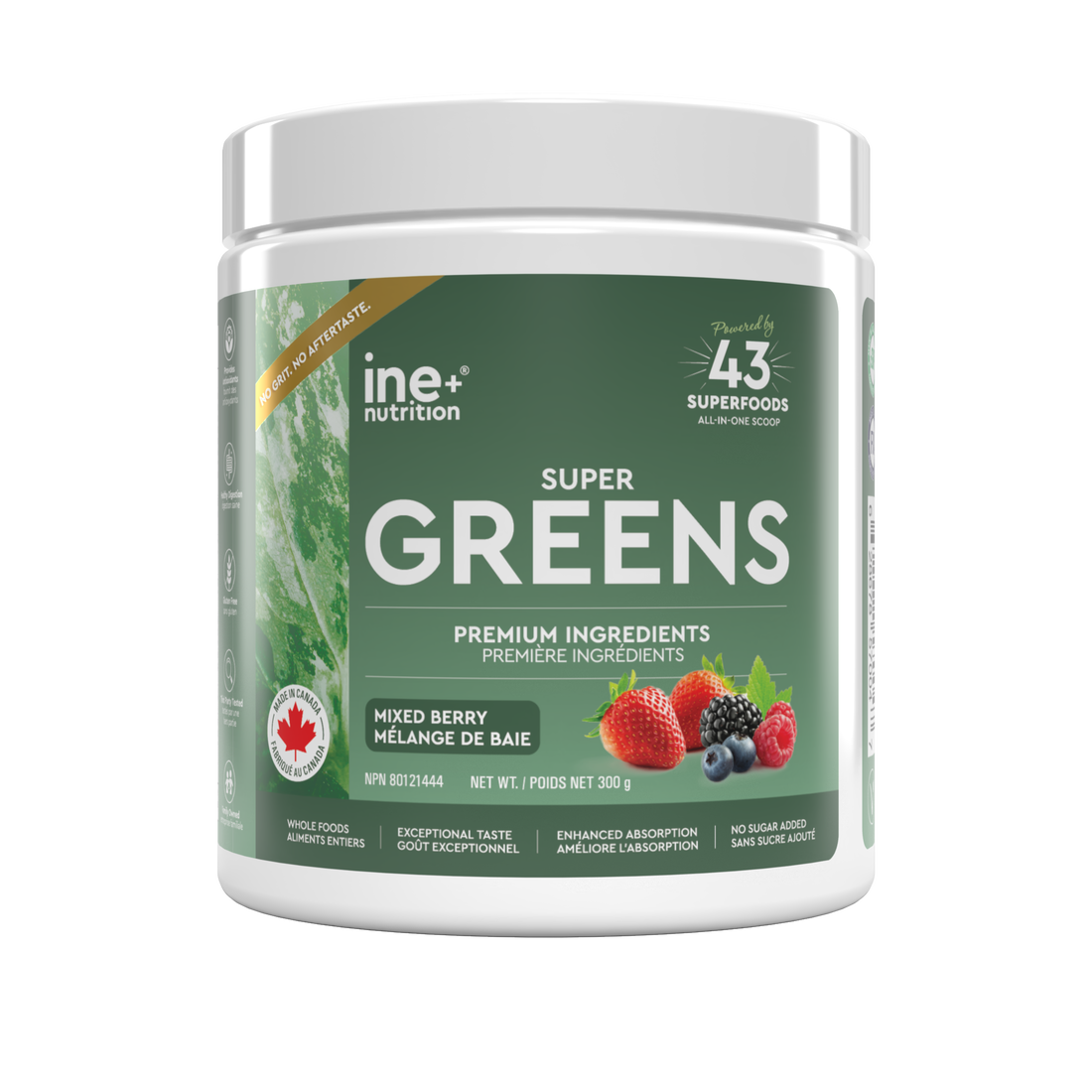 A white plastic tub of ine nutrition Super Greens powder with a green label, featuring illustrations of mixed berries and a Canadian maple leaf, on a white background.