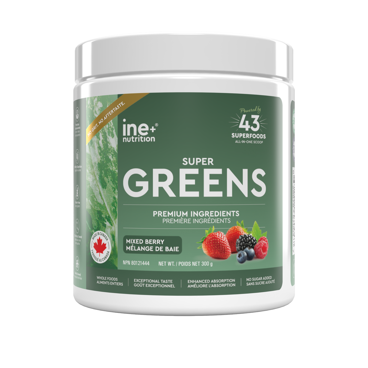 A white plastic tub of ine nutrition Super Greens powder with a green label, featuring illustrations of mixed berries and a Canadian maple leaf, on a white background.
