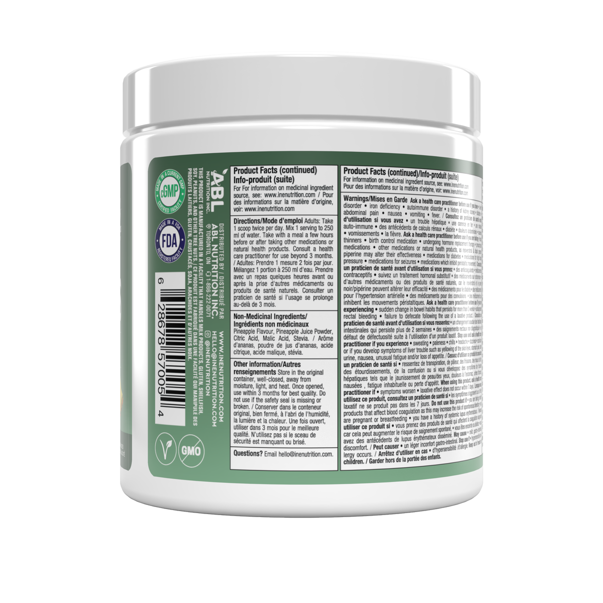 A white plastic tub of ine nutrition Super Greens powder with a dark green label, featuring pineapple graphics and text for Pineapple Burst flavor.