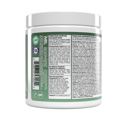 A white plastic tub of ine nutrition Super Greens powder with a dark green label, featuring pineapple graphics and text for Pineapple Burst flavor.