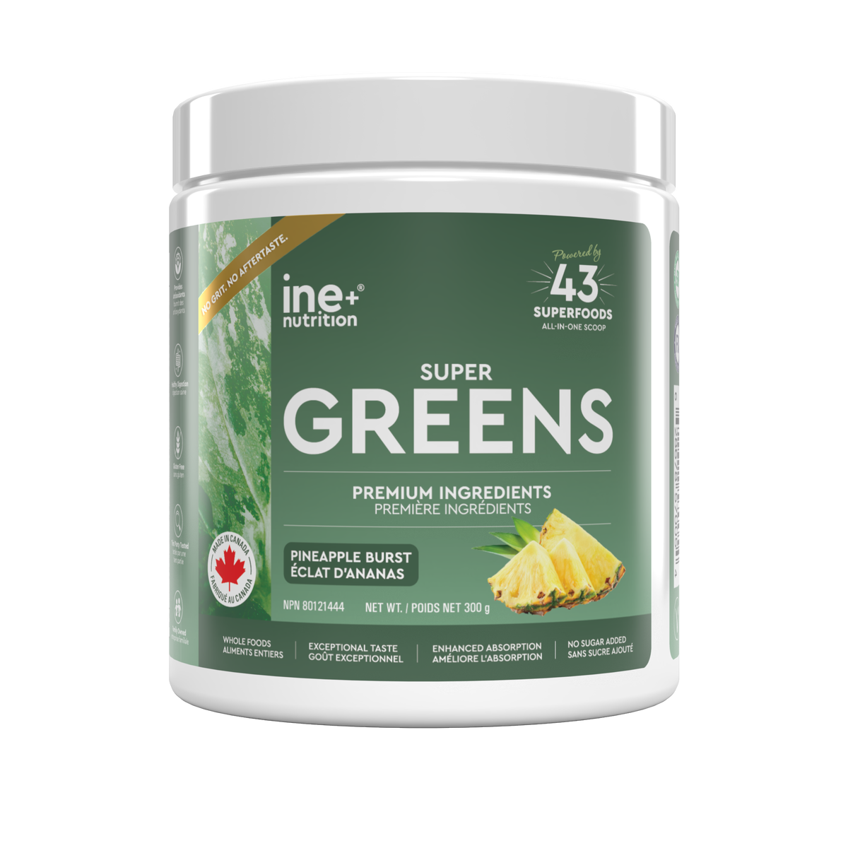 A white plastic tub of ine nutrition Super Greens powder with a dark green label, featuring pineapple graphics and text for Pineapple Burst flavor.