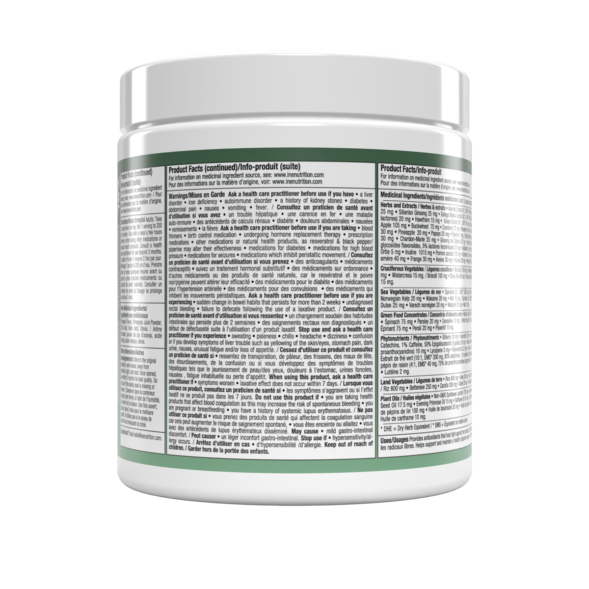 A white plastic supplement jar shown from the back, featuring a detailed green and black Product Facts label with dense text.