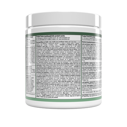 A white plastic supplement jar shown from the back, featuring a detailed green and black Product Facts label with dense text.