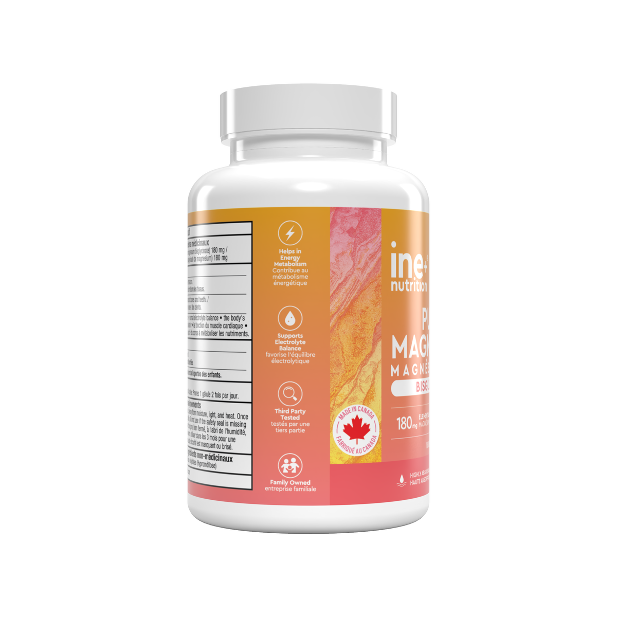 A white plastic bottle of ine+ nutrition Pure Magnesium Bisglycinate capsules, featuring a vibrant orange and pink label with white text, set against a solid white background.