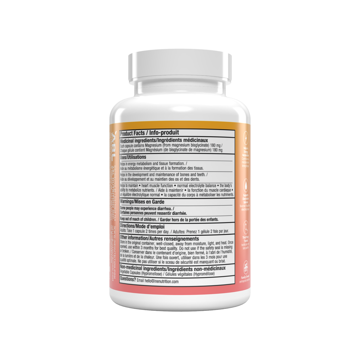 A white plastic bottle of ine+ nutrition Pure Magnesium Bisglycinate capsules, featuring a vibrant orange and pink label with white text, set against a solid white background.