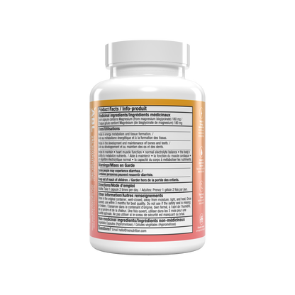 A white plastic bottle of ine+ nutrition Pure Magnesium Bisglycinate capsules, featuring a vibrant orange and pink label with white text, set against a solid white background.