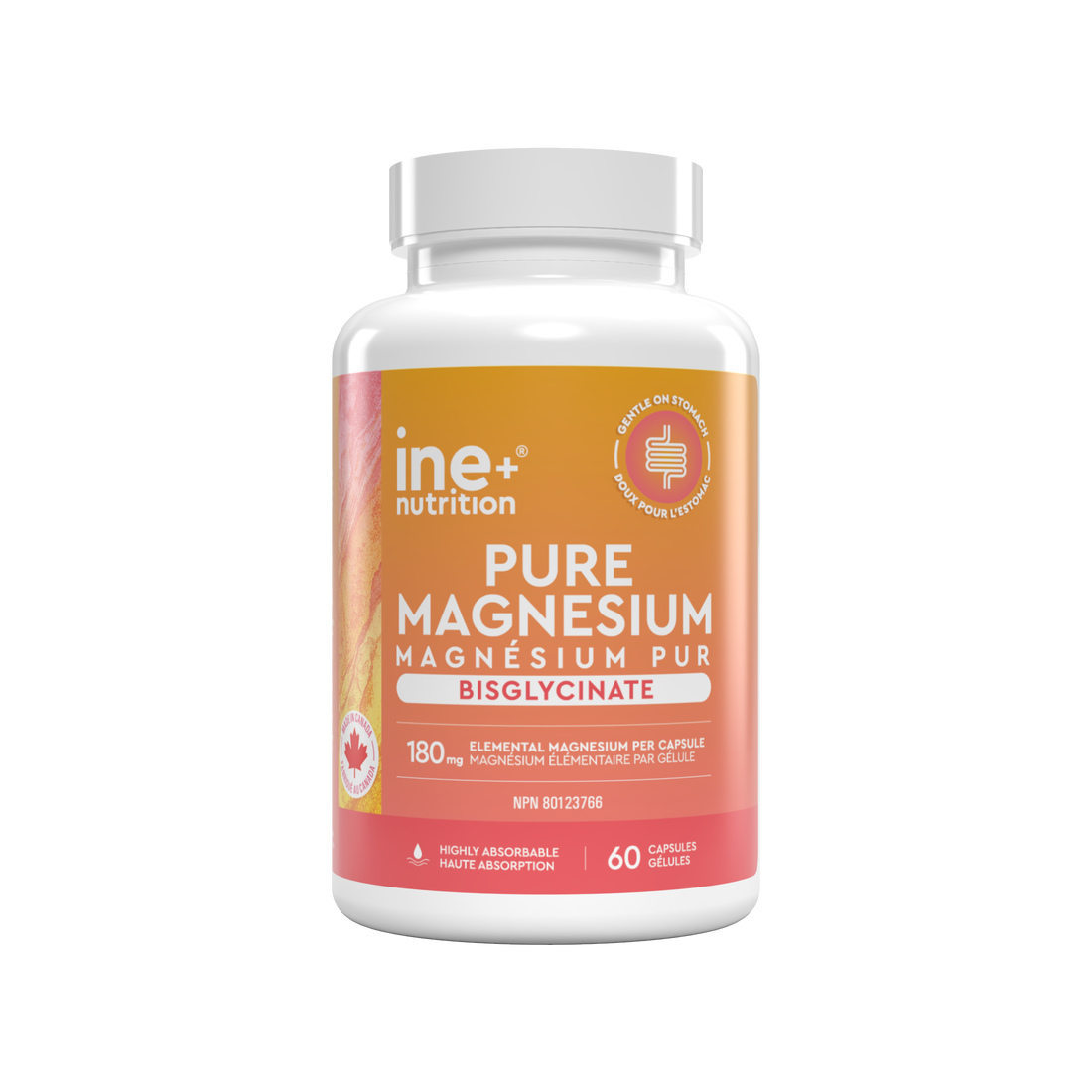 A white plastic bottle of ine+ nutrition Pure Magnesium Bisglycinate capsules, featuring a vibrant orange and pink label with white text, set against a solid white background.