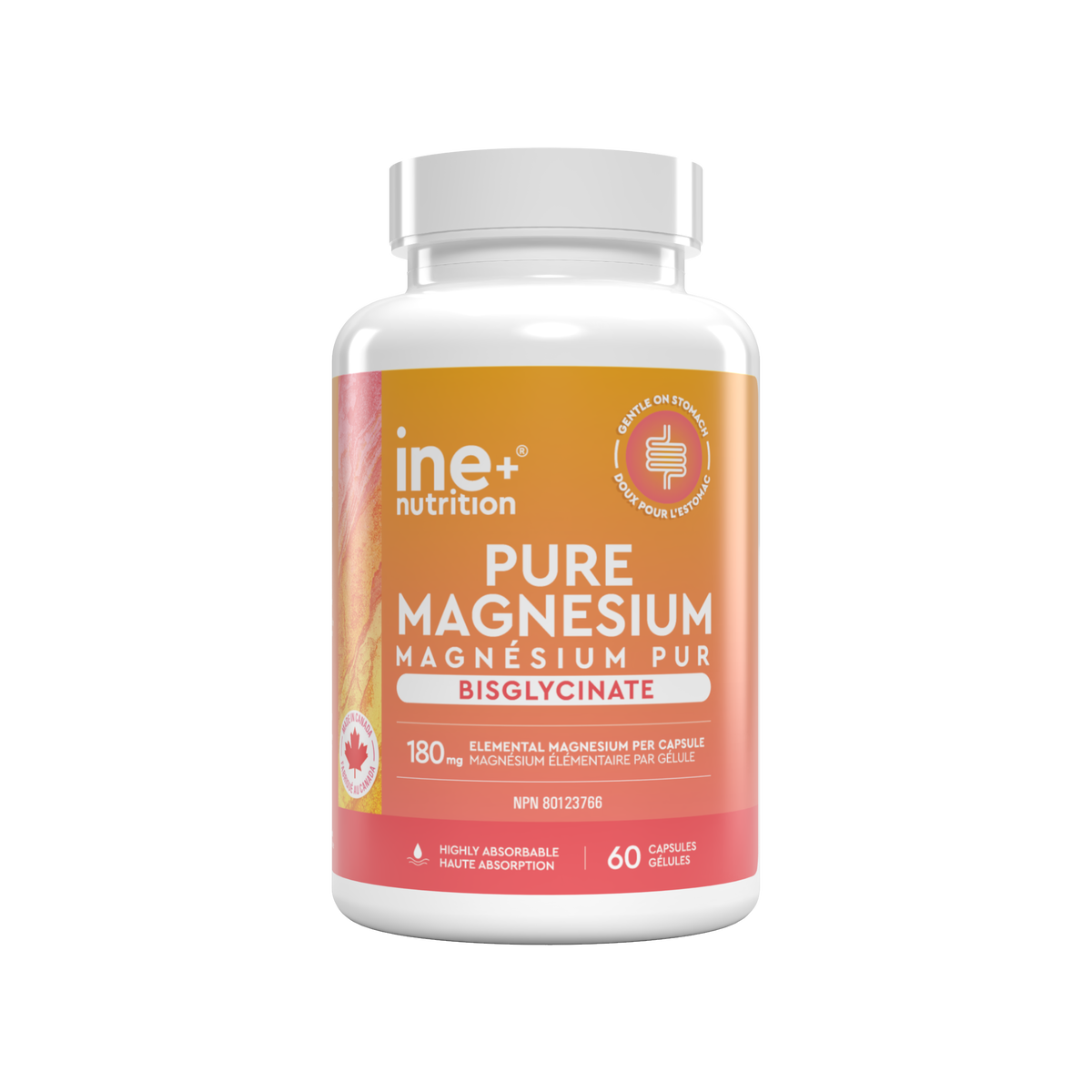 A white plastic bottle of ine+ nutrition Pure Magnesium Bisglycinate capsules, featuring a vibrant orange and pink label with white text, set against a solid white background.