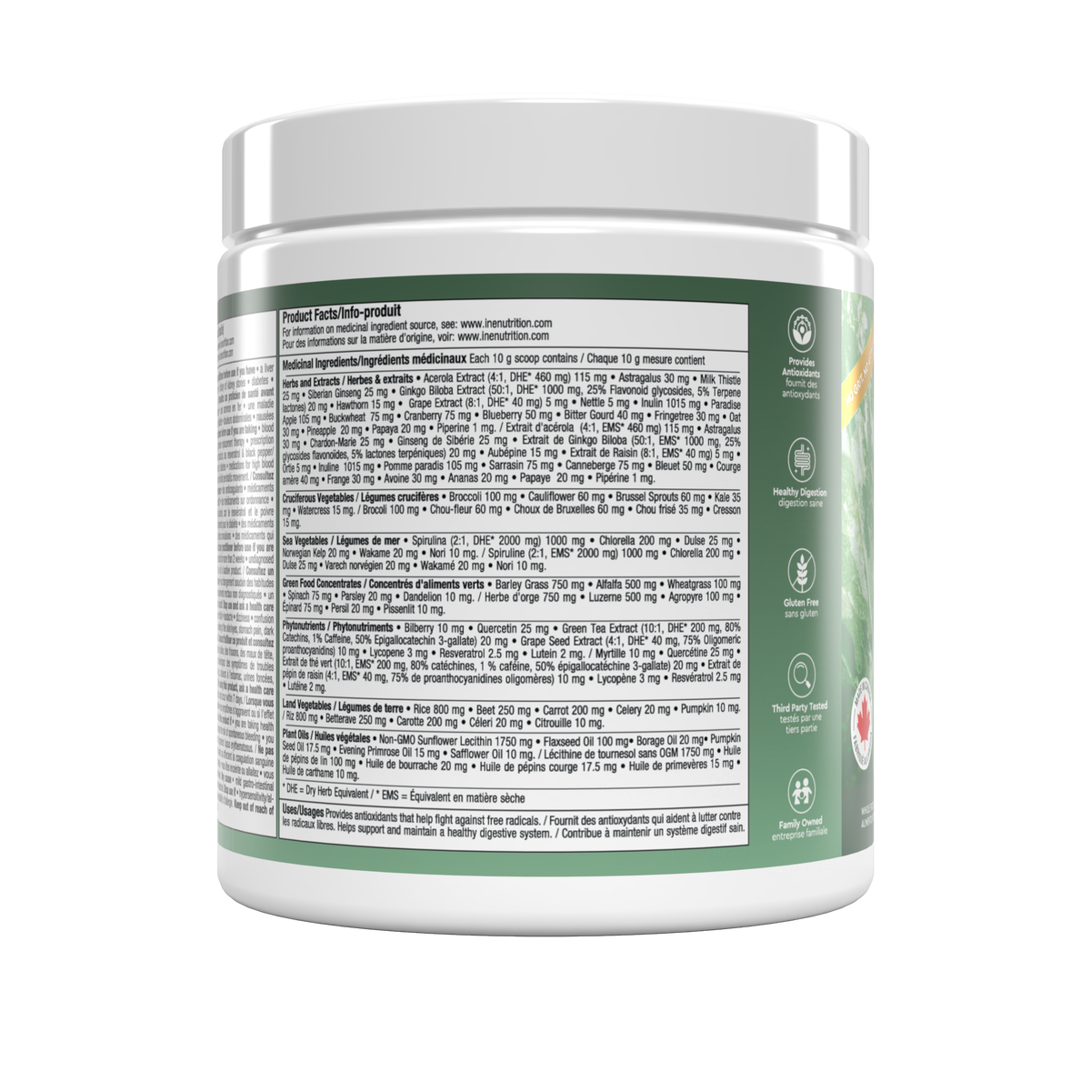 A white plastic tub of ine nutrition Super Greens powder with a dark green label, featuring pineapple graphics and text for Pineapple Burst flavor.