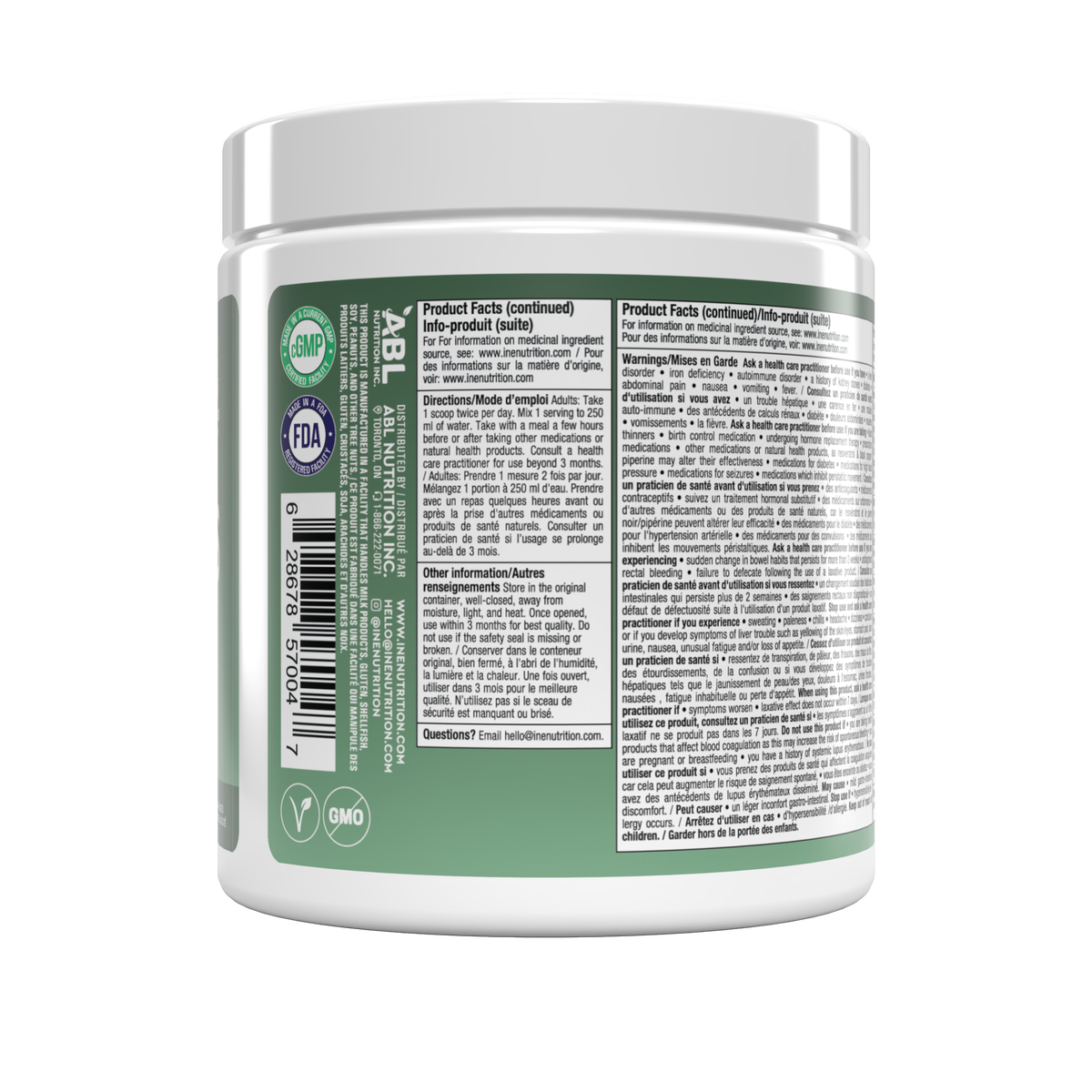A white plastic supplement tub with a white lid, showing the back label with green bands and dense black text, isolated on a white background.