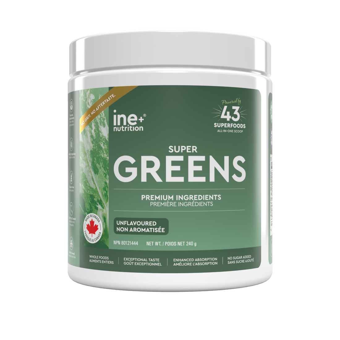 A white plastic tub of ine nutrition Super Greens powder with a green label, shown on a plain white background.