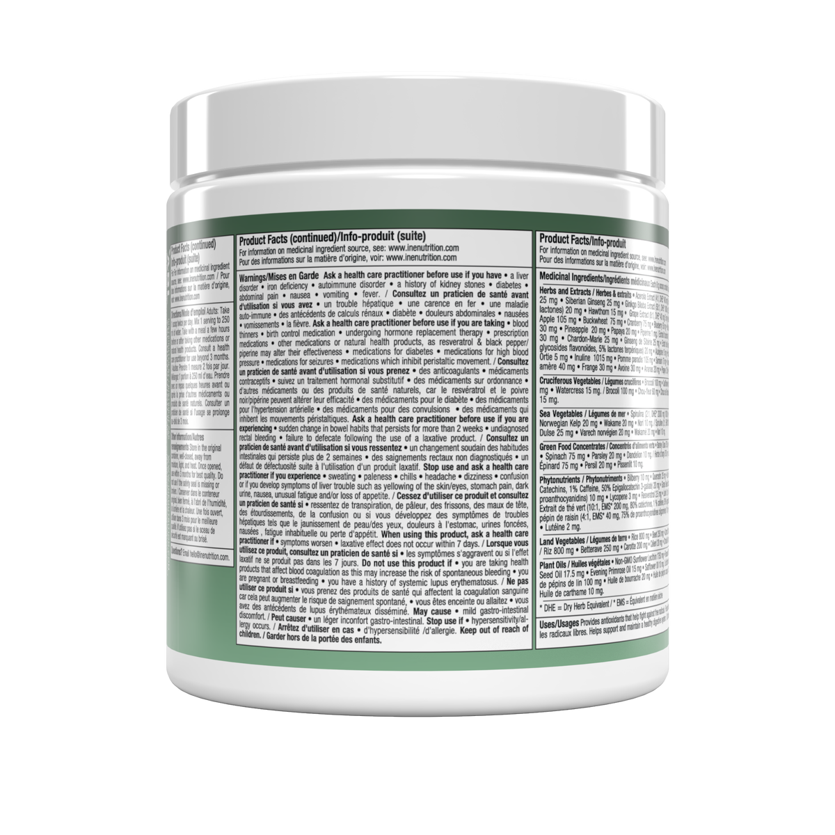 A white plastic supplement tub with a white lid, showing the back label with green bands and dense black text, isolated on a white background.