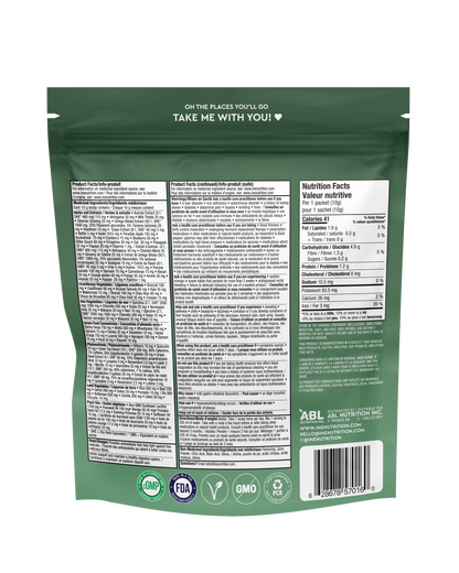ine+ nutrition Super Greens travel packages with fruit assortment.