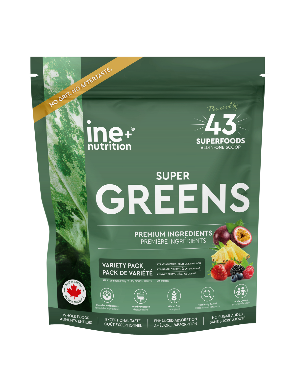 ine+ nutrition Super Greens travel packages with fruit assortment.