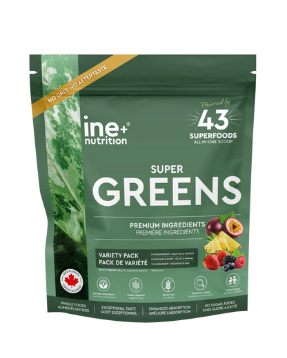 ine+ nutrition Super Greens travel packages with fruit assortment.