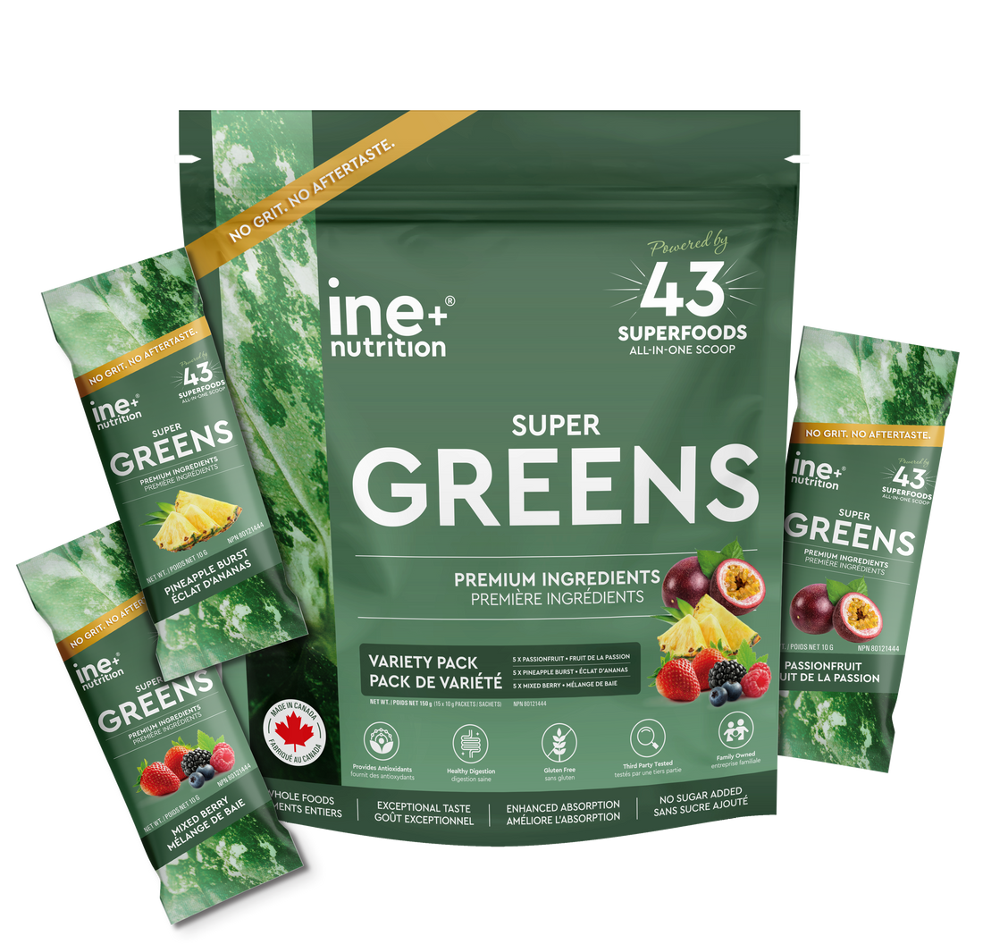 ine+ nutrition Super Greens travel packages with fruit assortment.