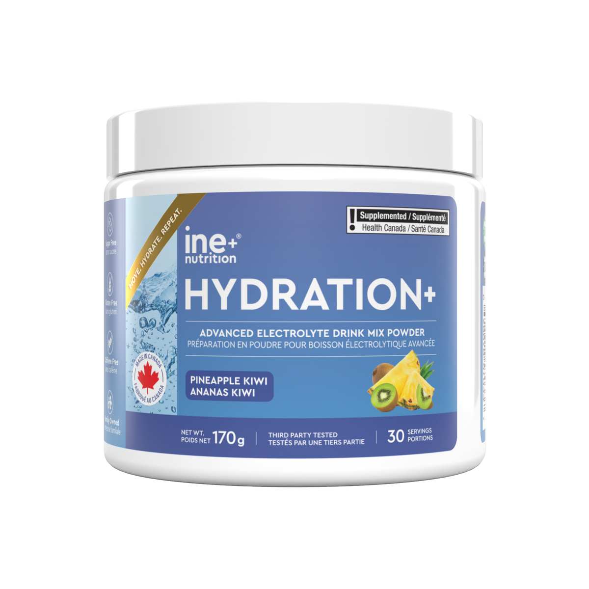 A white tub of in+ nutrition Hydration+ drink mix powder, Pineapple Kiwi flavor, on a solid white background.