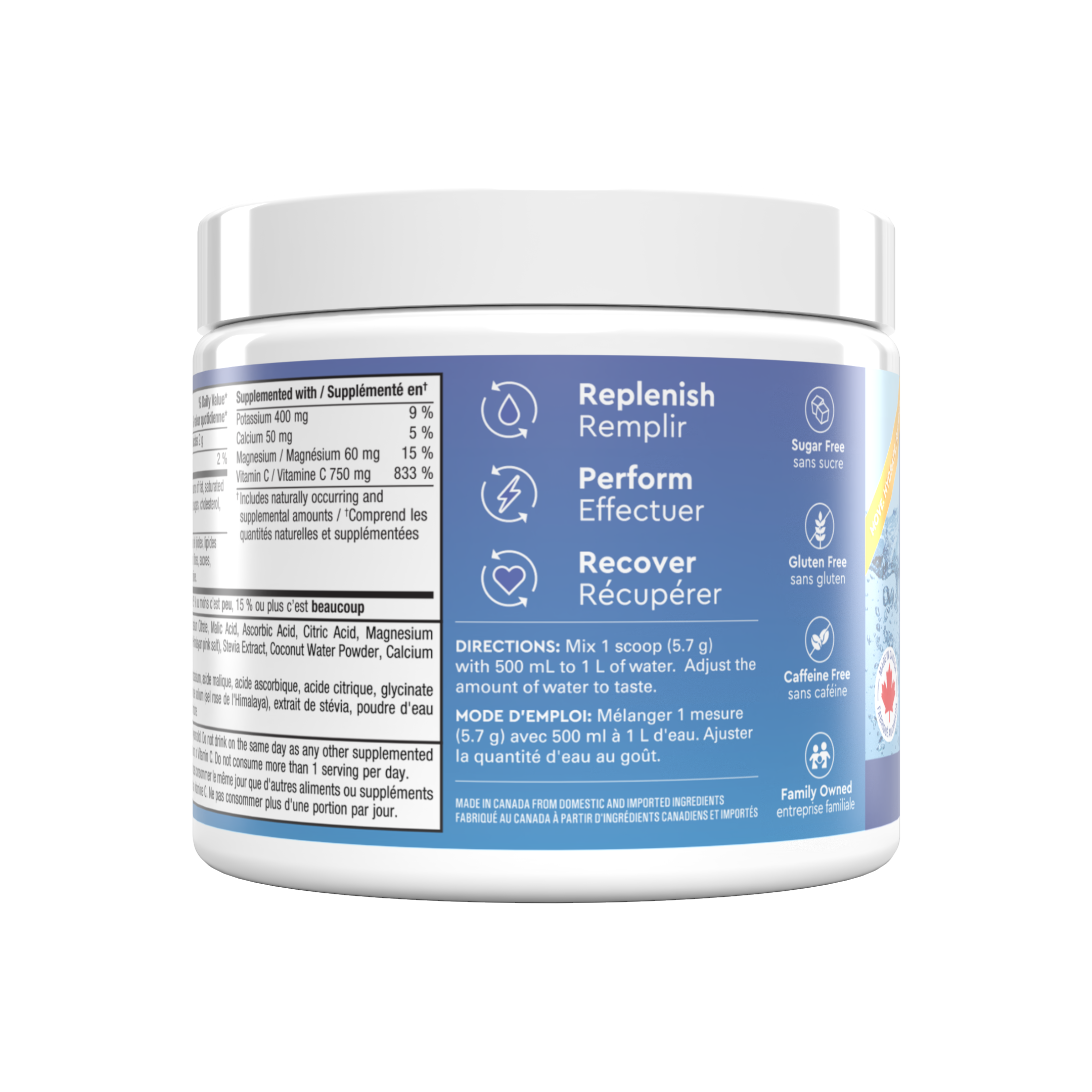 A white tub of ine+ hydration supplement with a white cap, featuring a detailed blue and white label with French text and icons for &
