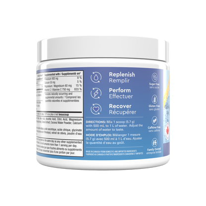 A white tub of ine+ hydration supplement with a white cap, featuring a detailed blue and white label with French text and icons for &