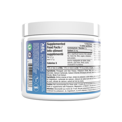 A white supplement tub shown from the back, displaying the detailed supplement facts label with blue, white, and black text on a clean white background.