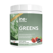 A container of ine+ nutrition Super Greens powder in Mixed Berry flavor, highlighting the health and wellness benefits such as supporting immunity, digestion, energy, and mental clarity.