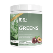 A container of ine+ nutrition Super Greens powder with passion fruit flavor, highlighting 30 servings or portions, and emphasizing its Canadian-made quality.